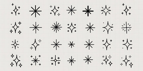 Collection of hand-drawn star doodles. Stars in various shapes and sizes. Star illustrations on grid background. Simple, artistic star doodles for design. Element vector set. 