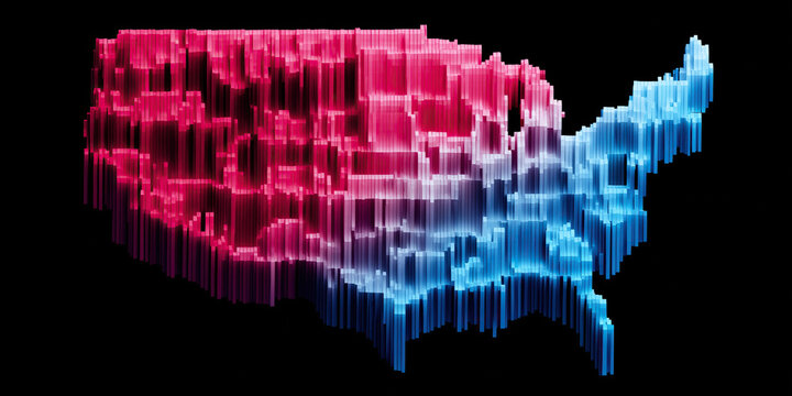  Three-dimensional United States map displaying colorful regional statistical data visualization.
