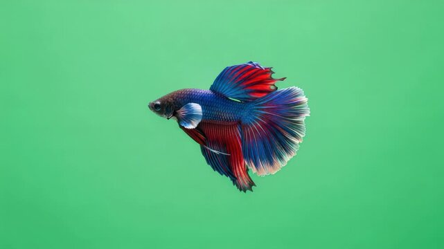 Vibrant Betta Fish Swimming with Flowing Fins on Green Background