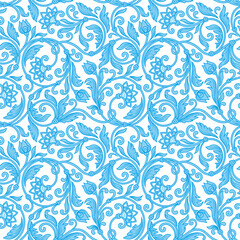 Seamless blue floral ornamental pattern with swirling vines and decorative leaves, elegant hand drawn botanical design for wallpaper textile and surface decor