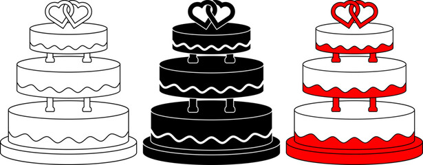 Three-tier wedding cake icons with heart toppers in outline, solid black, and red/white styles