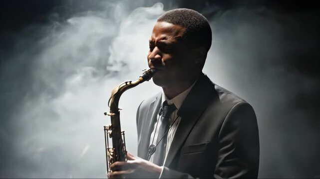 Smooth jazz performance: musician playing saxophone in atmospheric fog