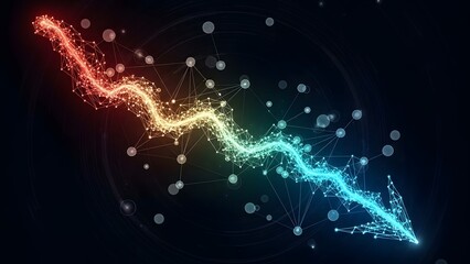 Abstract digital data flow network with glowing nodes and connecting lines showing a downward trend.