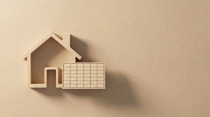 Minimal Home Solar Concept with House Silhouette and Small Solar Panel on Warm Beige Copy Space