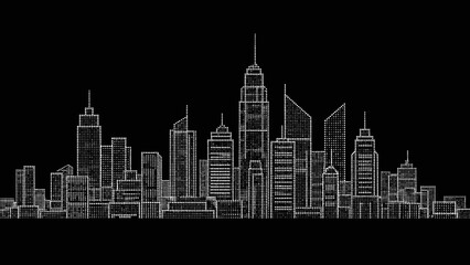 Fototapeta premium A black silhouette of a modern urban cityscape featuring a downtown skyscraper and business tower architecture against a night sky vector illustration