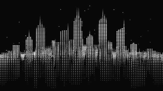An abstract night city skyline featuring blue urban skyscrapers and a metropolis silhouette designed as a music sound equalizer vector illustration