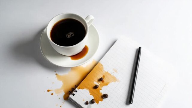 Spilled coffee on a white notebook with a pen and coffee beans