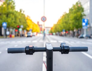 Scooter's eye view down city street with blurred traffic and trees under a soft, warm light