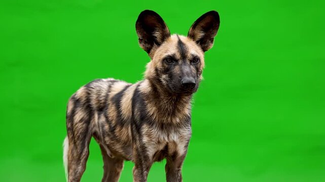 African Wild Dog Standing Against a Vibrant Green Background.