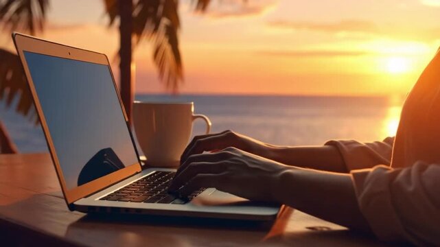Remote work on laptop at tropical beach during golden sunset