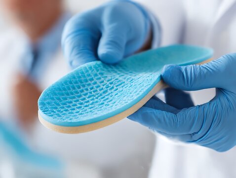 Close-up of a specialist in medical gloves holding a blue 3D-printed orthopedic insole, representing custom flat foot correction and innovative podiatry care.