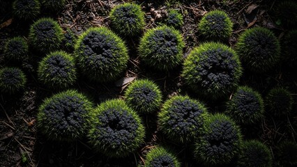 Obraz premium Close Up Of Green Spiky Seed Pods On Dark Earth