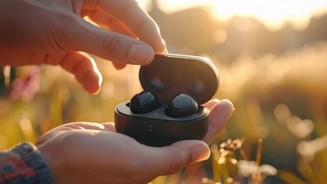 Hands holding wireless earbuds in golden outdoor light