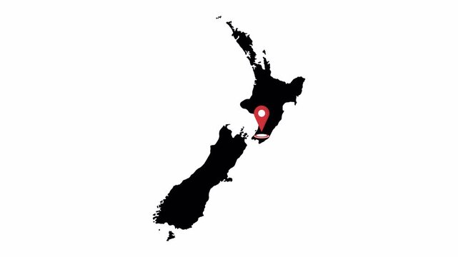 New Zealand map with red pin location. 4K animation