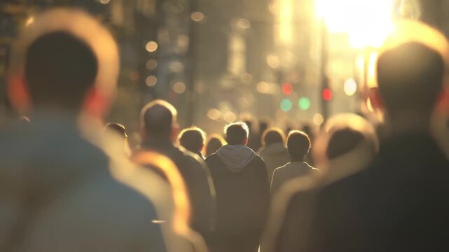 Diverse crowd of pedestrians walking along a sunlit street, with soft focus on individuals, capturing the movement and energy of urban life in a bustling city scene