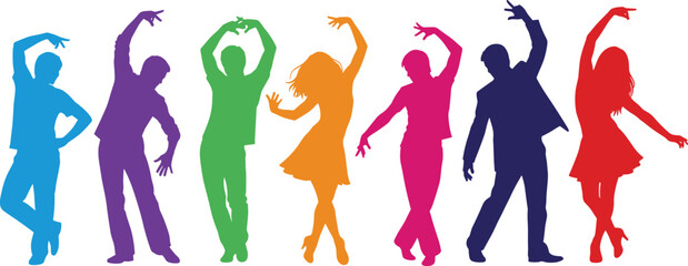 Colorful silhouettes of dancers in vibrant poses expressing movement, celebration, performance, art, lifestyle, fitness, and creative dance concepts