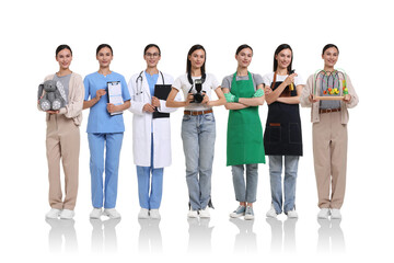 Fototapeta premium Choice of profession. Same woman representing different occupations. Collage of portraits on white background