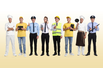 Fototapeta premium Choice of profession. Same man representing different occupations. Collage of portraits on beige gradient background