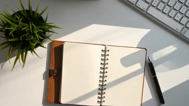 Minimalist workspace with open notebook, pen, plant, and keyboard