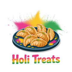 Delicious gujiya, a traditional sweet, served on a plate amidst vibrant holi colors Vector, illustration