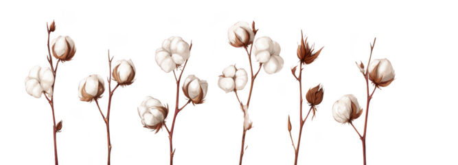 collection set of cotton branches with fluffy boll flowers