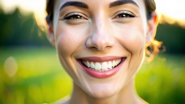Close-up of a happy young woman smiling brightly in natural light