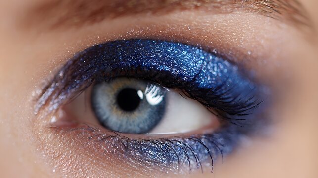 Close up of a woman's eye with blue eye shadow and liner makeup look detailed view of eye makeup