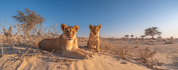 Two young lions rest in a sandy landscape, surrounded by sparse vegetation under a clear blue sky, showcasing the beauty of their natural habitat.