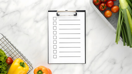 Grocery checklist on clipboard with fresh vegetables and tomatoes on marble countertop