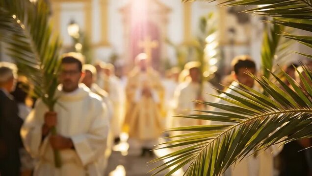 Clergy members participating in Palm Sunday procession with palms  