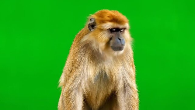 A monkey with golden fur sits patiently against a vibrant green background.