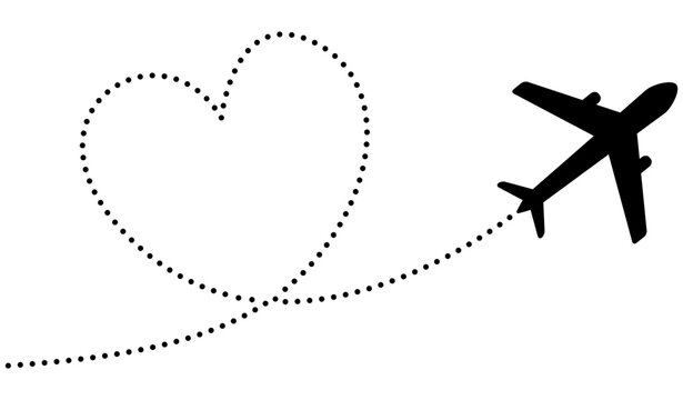 Travel route map with airplane icon and dotted flight path. Vector plane silhouette following dashed trail with heart shape for tourism itinerary and trip design.
