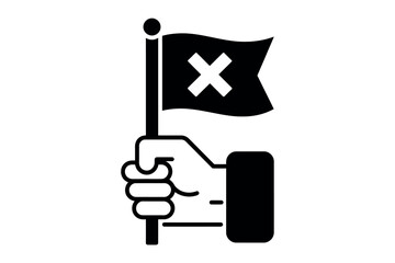 Black and White Icon of Hand Holding Flag with White X Mark