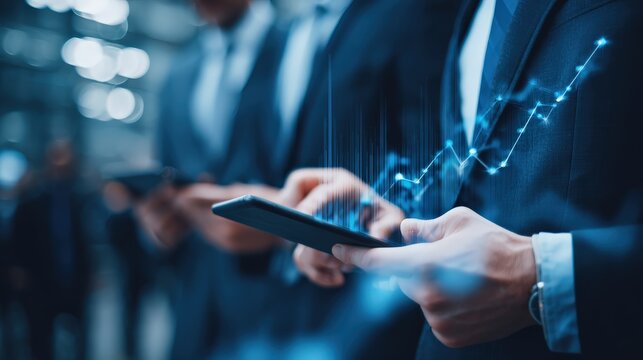 Business professionals using smartphones with a digital graph overlay, indicating financial growth and technology in a corporate environment. - Powered by Adobe