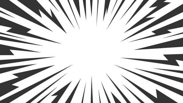 Abstract white background with black radial speed lines forming classic comic style burst effect. Dynamic motion lines creating strong focus in the center, suitable for manga, anime, action scenes.