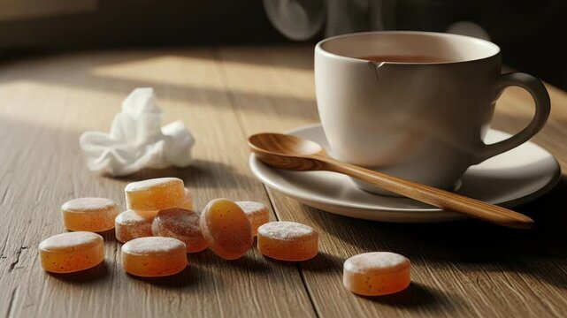 Steaming hot tea with honey lozenges and crumpled tissues on a rustic wooden table for cold and flu relief concept and seasonal wellness