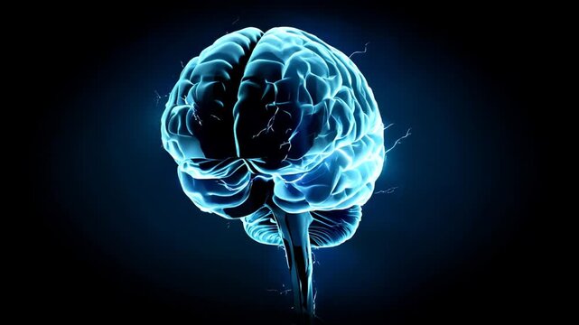 A glowing, stylized brain model, rendered with a translucent blue effect against a dark background