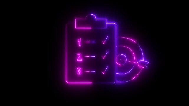 Neon animated clear goals linear icon featuring a glowing checklist with checkmarks, symbolizing business objectives, task management, planning, productivity, and achievement. Clean neon line