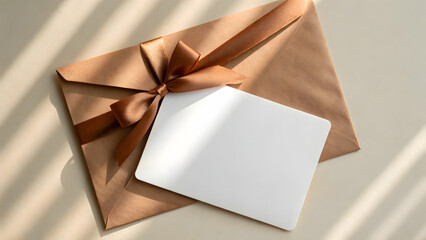Brown envelope with ribbon and blank card on beige surface, soft shadows and light