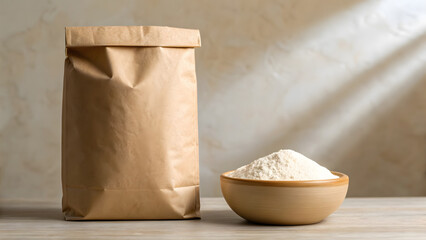 Brown paper bag of flour next to wooden bowl filled with flour on wooden table surface