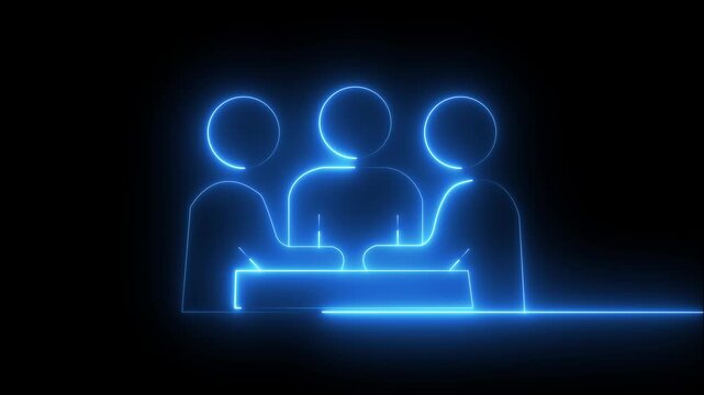 Neon cooperation line animation featuring multiple human heads shaking and moving together, symbolizing teamwork, collaboration, brainstorming, communication, and shared ideas. Glowing neon line