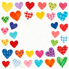 Colorful hand-painted paper hearts in various patterns on a white background with a square copy space for text 