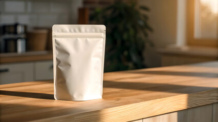 White stand-up pouch on wooden kitchen countertop with natural light and greenery in background