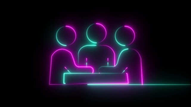 Neon cooperation line animation featuring multiple human heads shaking and moving together, symbolizing teamwork, collaboration, brainstorming, communication, and shared ideas. Glowing neon line