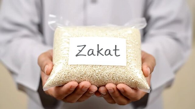 hands holding bag of rice labeled zakat representing islamic charity giving during ramadan