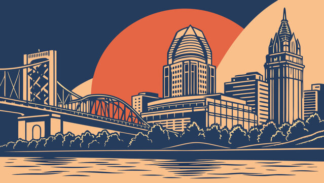 Cincinnati skyline with ohio river and bridge. Perfect for cityscapes, travel brochures, websites, and local tourism promotions.