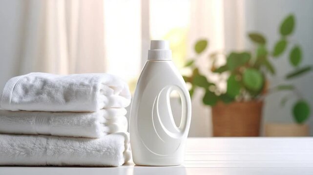 Freshly laundered white towels and detergent bottle in a bright home