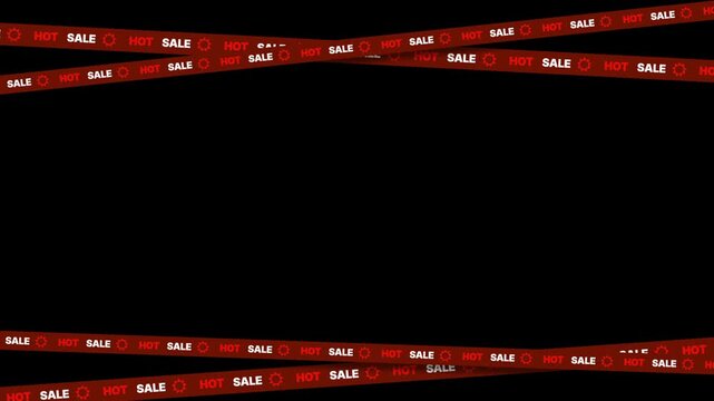 Animated hot sale text on moving tapes on black background in a seamless loop.