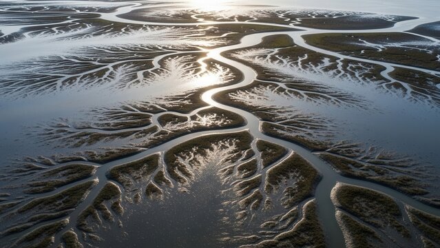 Aerial View Of A Tidal Estuary With Intricate Waterways And Sunlight Reflections