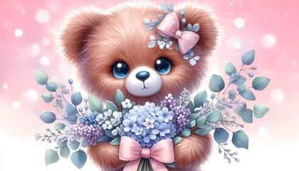 Fototapeta premium cute teddy bear with flowers